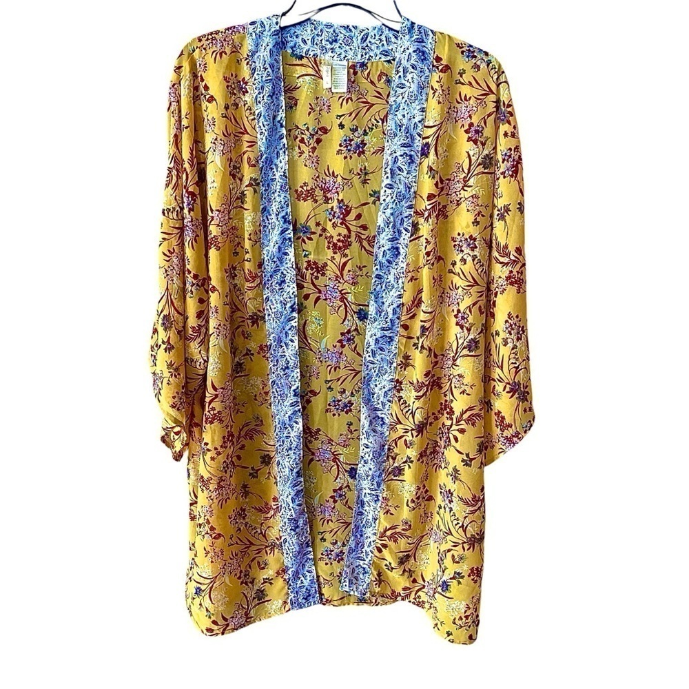 Japna Kimono Topper Yellow Floral Top Boho Open Front Mixed Print Women’s Sz L